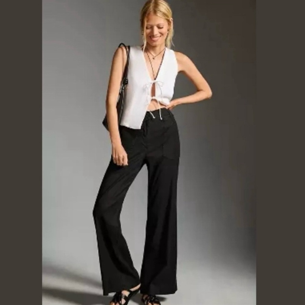 Maeve Anthropologie Naomi Line Wide Leg Flare Black Pants Size 12 Boho Preppy